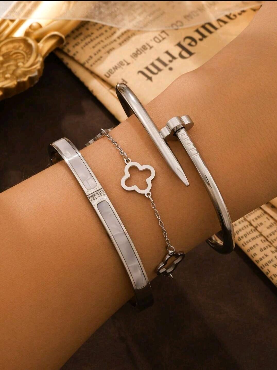 3-Pc Set Bangle Bracelet in 18k Gold Vermeil & White Gold Finish