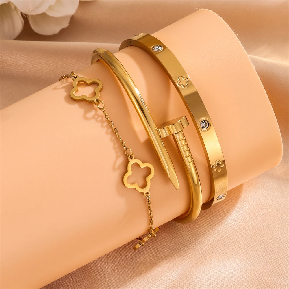 3-Pc Set Bangle Bracelet in 18k Gold Vermeil and White Gold Finish