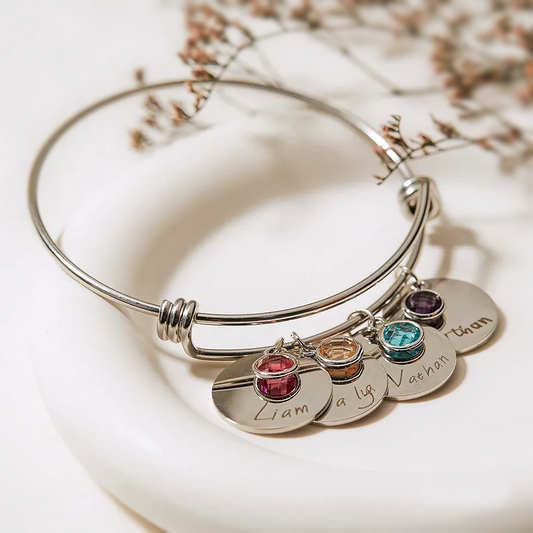 Personalized Engraved Name Bracelet With Birthstone Charms #0026