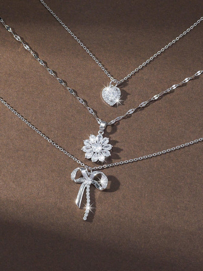 Elle 3-Pc Set CZ Ribbon Necklaces in White Gold Finish