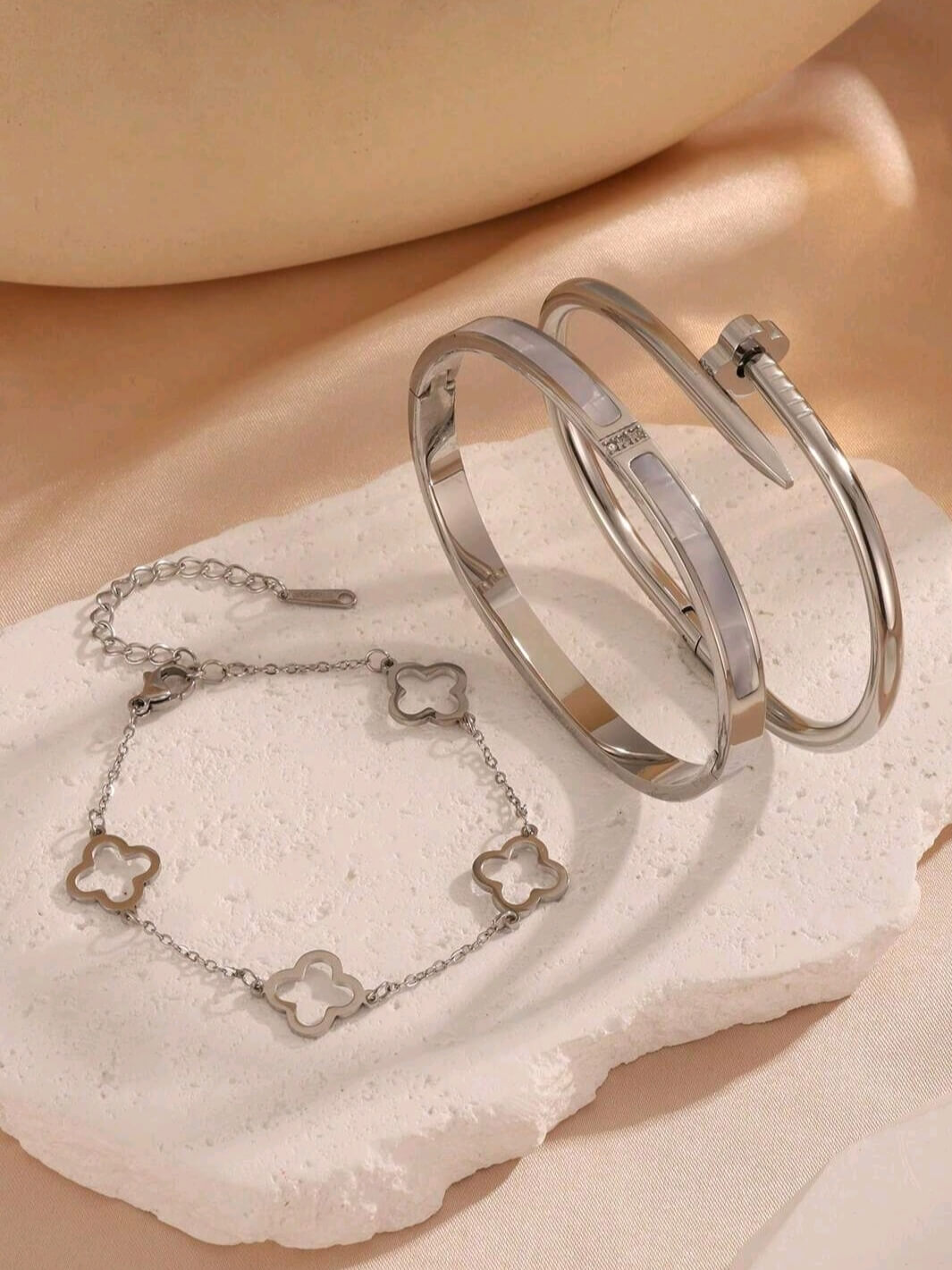 3-Pc Set Bangle Bracelet in 18k Gold Vermeil & White Gold Finish