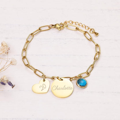 Personalized Engraved Name W/ Birthstone and Heart Charm Bracelet With Birthstone Charms #0042