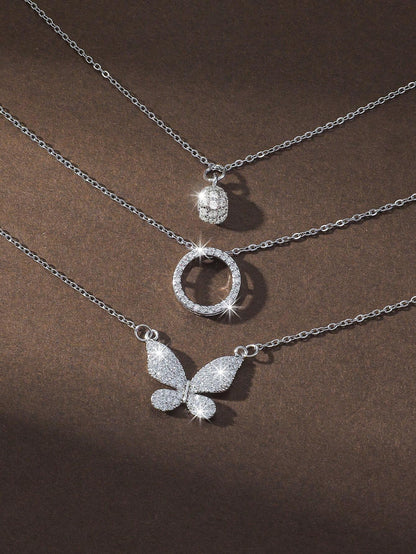 Elle 3-Pc Set CZ Butterfly Necklaces in White Gold Finish