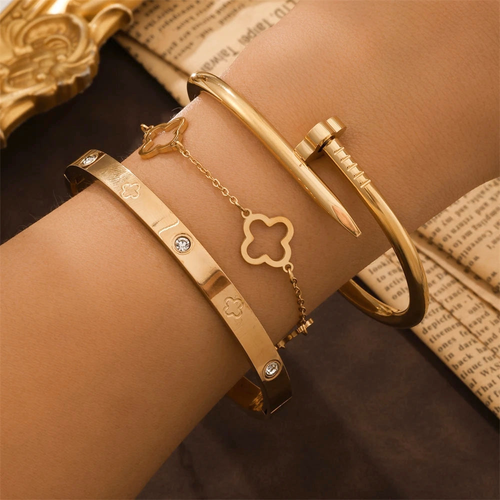 3-Pc Set Bangle Bracelet in 18k Gold Vermeil and White Gold Finish