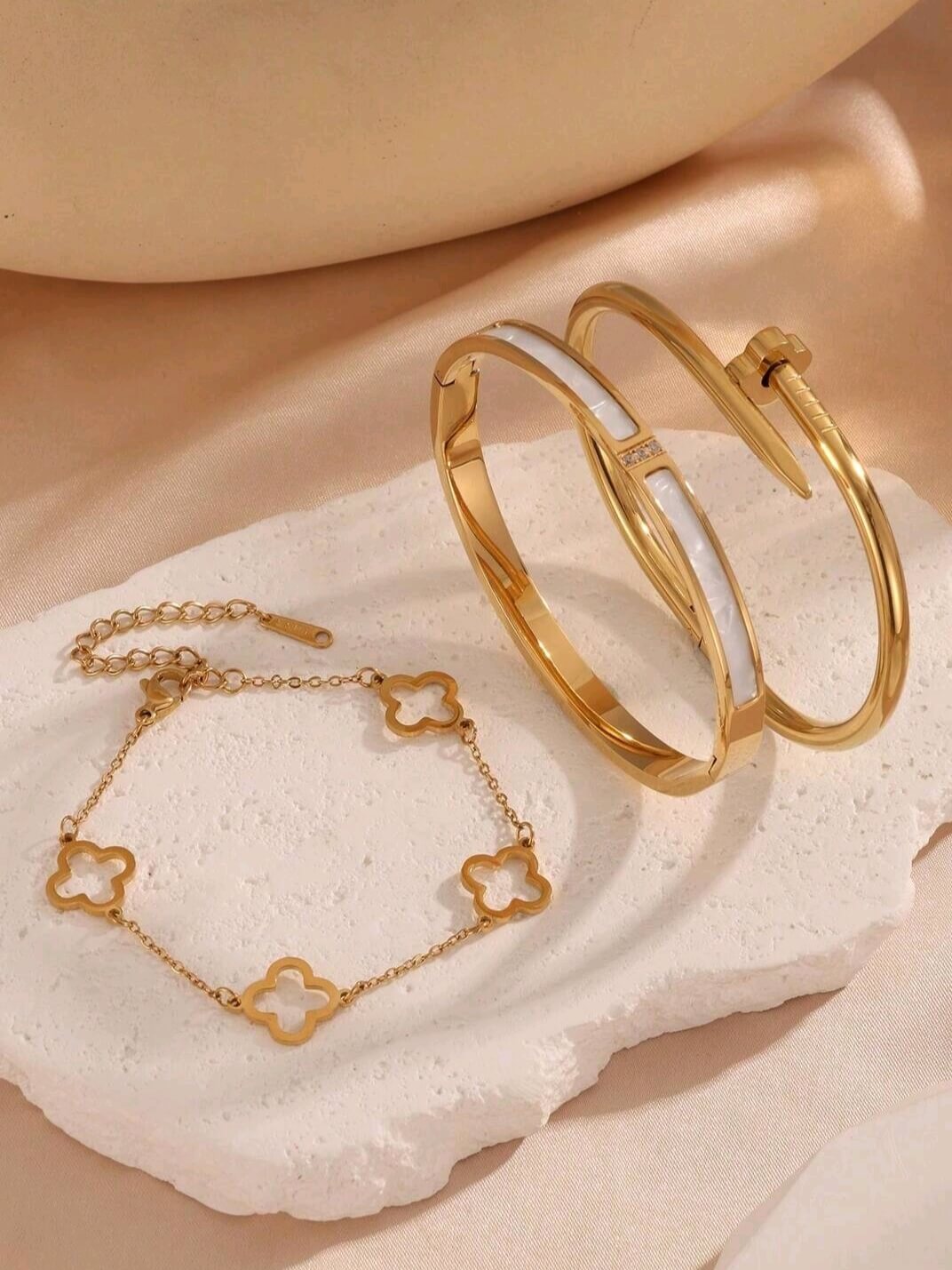 3-Pc Set Bangle Bracelet in 18k Gold Vermeil & White Gold Finish