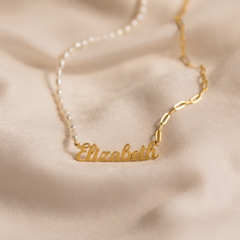 Personalized Name Necklace - Pearl and Paperclip Chain #0029
