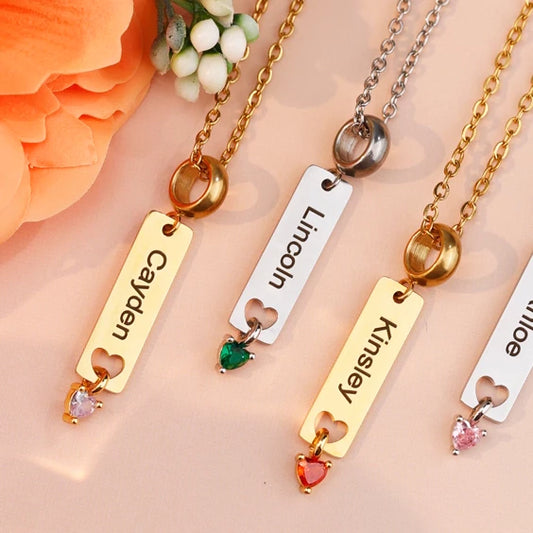 Personalized Name Plate Necklace with Birthstone #0033