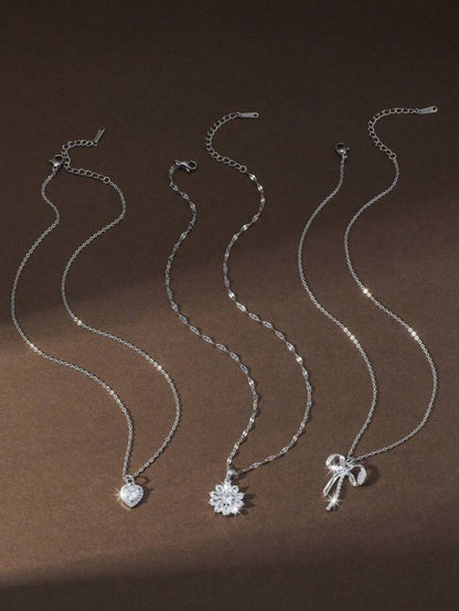 Elle 3-Pc Set CZ Ribbon Necklaces in White Gold Finish