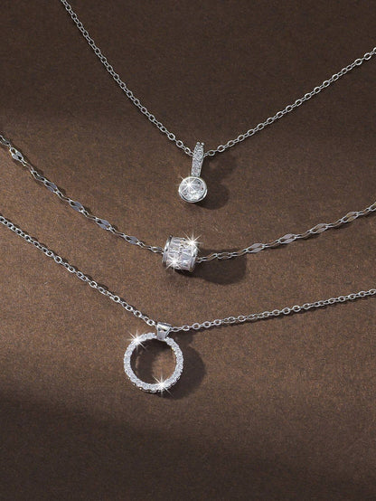 Elle 3-Pc Set CZ Dainty Necklaces in White Gold Finish