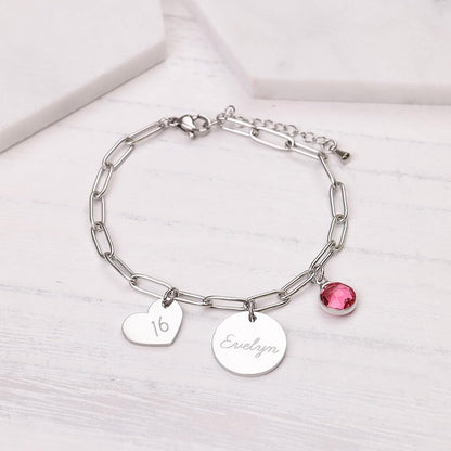 Personalized Engraved Name W/ Birthstone and Heart Charm Bracelet With Birthstone Charms #0042