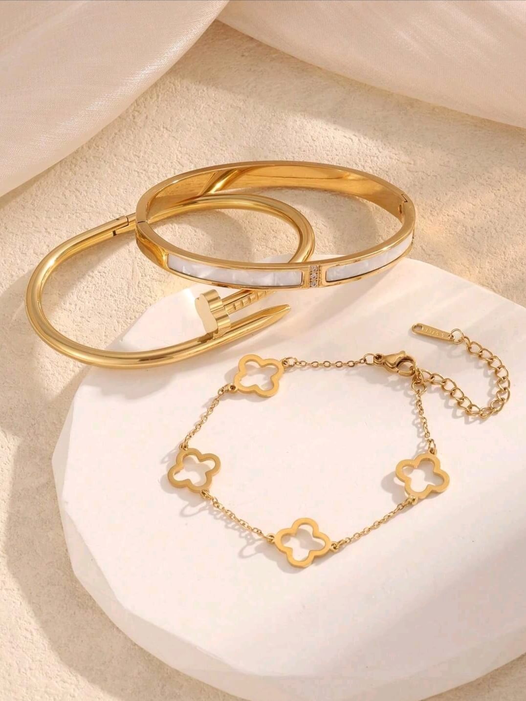 3-Pc Set Bangle Bracelet in 18k Gold Vermeil & White Gold Finish