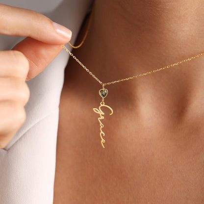 Personalized Vertical Name Necklace with Birthstone #0031