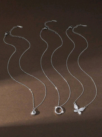 Elle 3-Pc Set CZ Butterfly Necklaces in White Gold Finish
