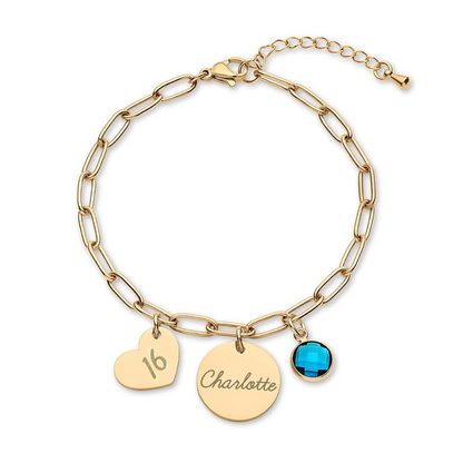 Personalized Engraved Name W/ Birthstone and Heart Charm Bracelet With Birthstone Charms #0042
